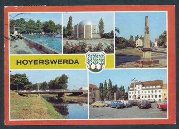 Hoyerswerda, Stadtbad, Planetarium, Postsäule, Elsterbrücke, Blick zum Rathaus